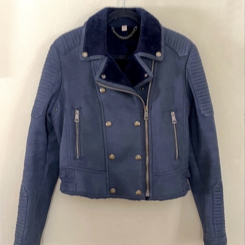 Burberry | Blue Merino Shearling Moto/Biker Jacket, Sz 14 (fits 6-8*) ♥ NWOT - Picture 3 of 11